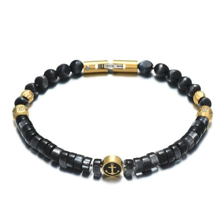 Bracelet homme ancre marine perles noires lustrées et accents dorés style luxe