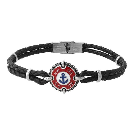 Bracelet homme cuir noir tressé avec médaillon ancre bleue et points cardinaux gravés
