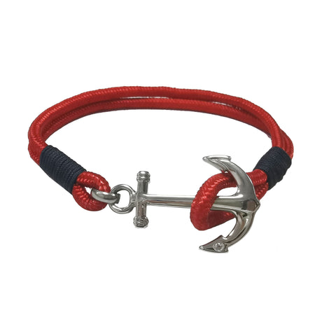Bracelet homme cordon textile rouge avec ancre argentée fermoir métallique style maritime