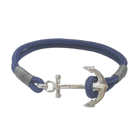 Bracelet homme cordon textile bleu marine avec ancre argentée fermoir métallique style maritime