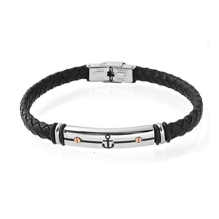 Bracelet homme cuir tressé noir avec ancre métallique gravée et fermoir clip sécurisé
