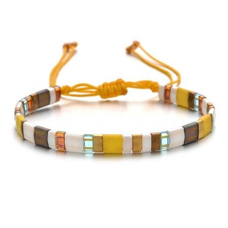 Bracelet homme cordon miyuki jaune perles cubiques finitions contrastées ajustable