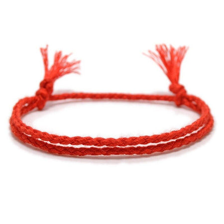 Bracelet homme cordon rouge vif minimaliste double fil torsadé franges effilochées dimension symbolique