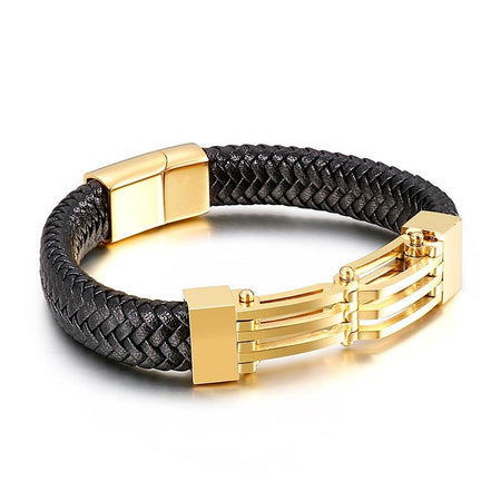 Bracelet homme cuir noir tressé avec barres acier or et fermoir rectangulaire