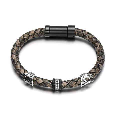 Bracelet homme cuir tressé brun avec masque viking acier et anneau noir gravé