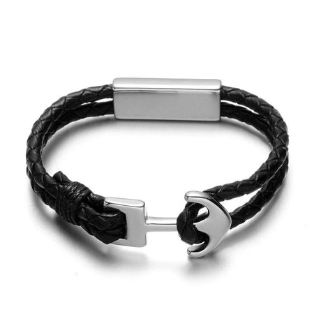 Bracelet homme cuir tressé noir avec fermoir ancre marine en métal argenté poli