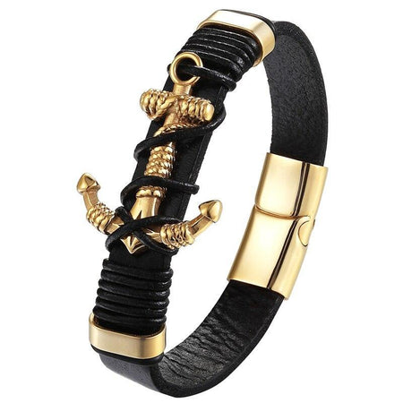 bracelet homme cuir ancre marine doré