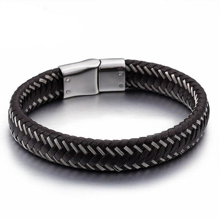 Bracelet homme cuir noir tressé avec fils argentés et fermoir métallique rectangulaire