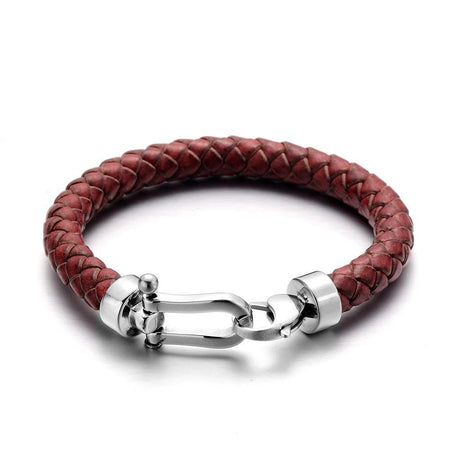 Bracelet homme cuir luxe bordeaux tressé artisanal fermoir mousqueton acier poli