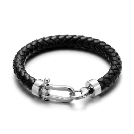 Bracelet homme cuir luxe noir tressé artisanal fermoir mousqueton acier poli