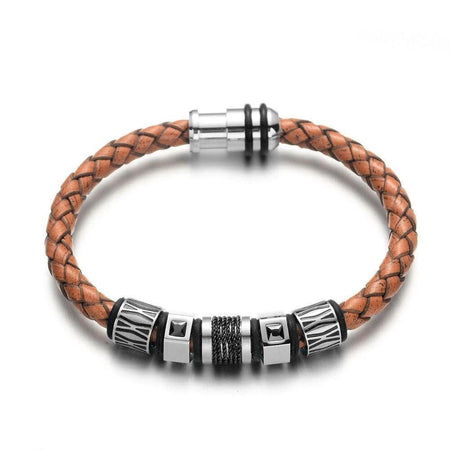 Bracelet homme cuir marron tressé avec cinq éléments acier sculptés à motifs géométriques et fermoir magnétique