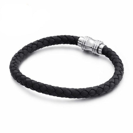 Bracelet homme cuir noir tressé avec fermoir métallique argenté, design minimaliste authentique