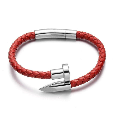 Bracelet homme cuir rouge tressé avec fermoir acier conique au design industriel moderne