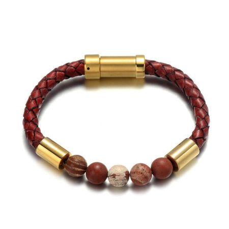 Bracelet homme cuir rouge tressé avec cinq perles marbrées et fermoir doré cylindrique