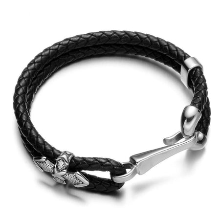 Bracelet homme cuir noir tressé avec croix métallique en acier argenté et fermoir crochet