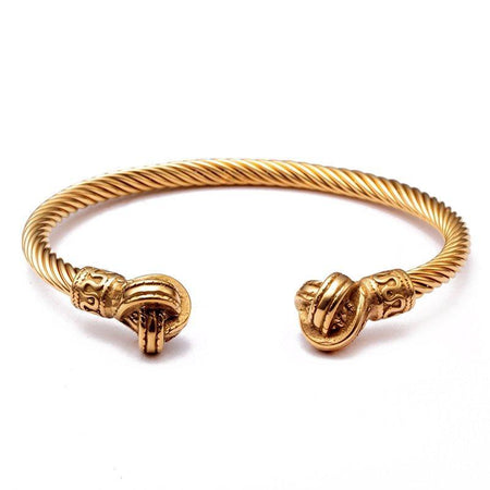 Bracelet homme en acier doré torsadé terminaisons sculptées nœuds embouts ciselés