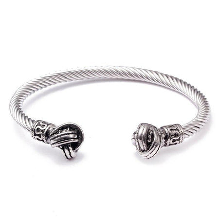 Bracelet homme en acier argenté torsadé terminaisons sculptées nœuds embouts ciselés