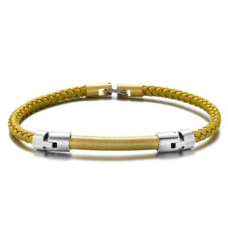 Bracelet homme en acier inoxydable d'exception barre dorée métal tressé jaune moutarde embouts argentés