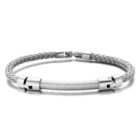 Bracelet homme en acier inoxydable d'exception barre centrale au métal tressé et embouts argentés