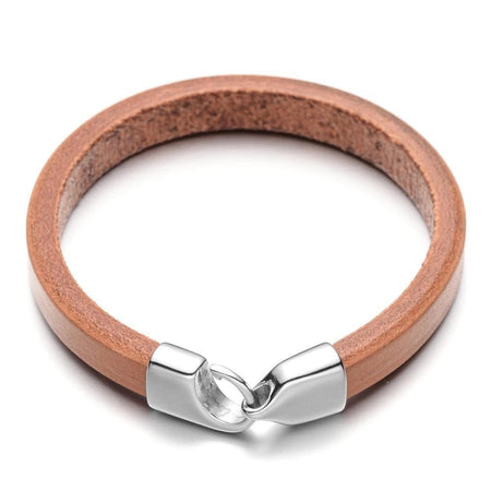 Bracelet homme cuir brun clair avec fermoir acier argenté au design minimaliste épuré