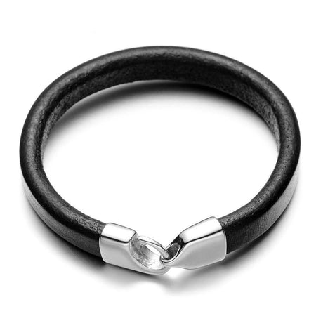 Bracelet homme cuir noir avec fermoir acier poli design minimaliste