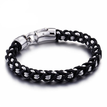 Bracelet homme cuir noir tressé avec inserts métalliques argentés et fermoir massif