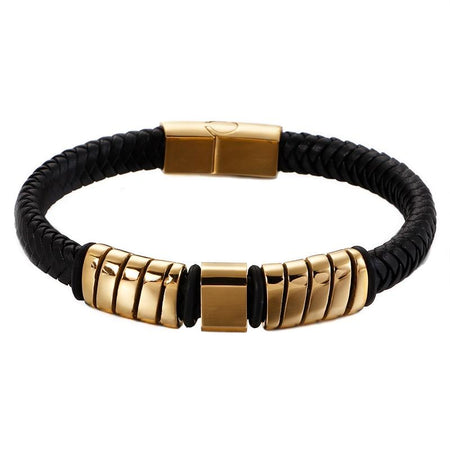 Bracelet homme cuir tressé noir avec éléments tubulaires acier doré, fermoir pression rectangulaire