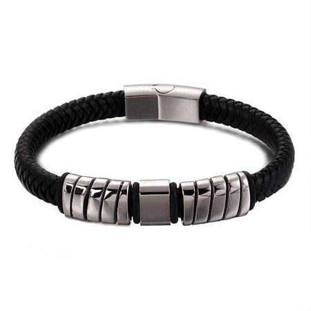 Bracelet homme cuir tressé noir avec éléments tubulaires acier poli, fermoir pression rectangulaire
