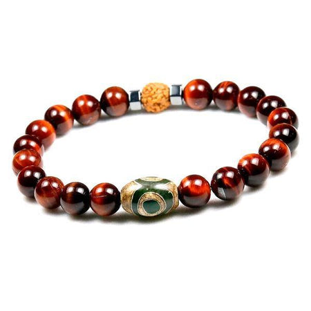 Bracelet homme en perle agate polie brun-rouge pierre verte œil protecteur