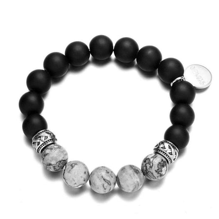 Bracelet homme grosses perles noires mates marbrées gris anneaux argentés gravés