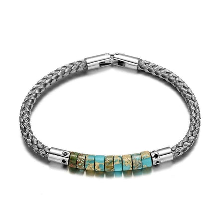 Bracelet homme luxe acier tresse argentée chevrons disques turquoises texturés marbrés