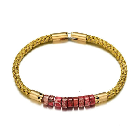 Bracelet homme luxe acier tresse dorée chevrons disques rouges texturés marbrés