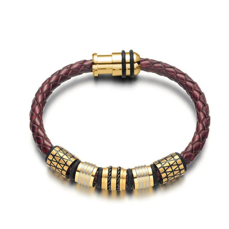 Bracelet homme cuir bordeaux tressé avec éléments métalliques dorés et fermoir magnétique sécurisé