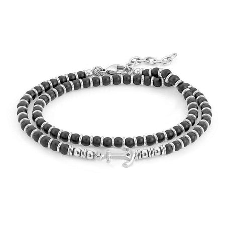 Bracelet homme double rang perles noires avec ancre marine argentée style nautique