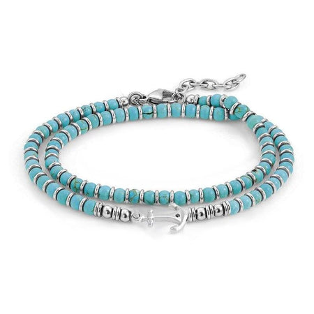 Bracelet homme double rang perles turquoise avec ancre marine argentée style nautique