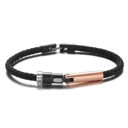 Bracelet homme noir acier maille tressé mat avec cylindre or rose allongé