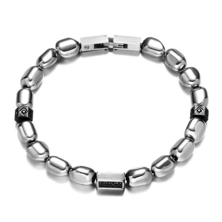Bracelet homme perle argent métalliques polies détails noirs motifs géométriques octogonaux