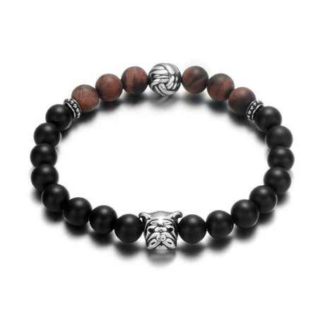 Bracelet homme perles noires mates et marron avec tête de chien en acier argenté sur cordon élastique