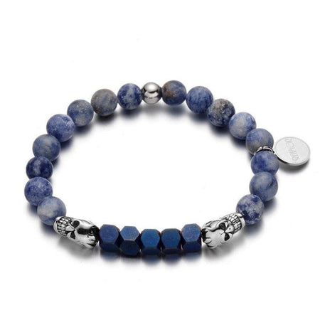 Bracelet homme perles bleues marbrées octogonales avec crânes métal argenté sculptés