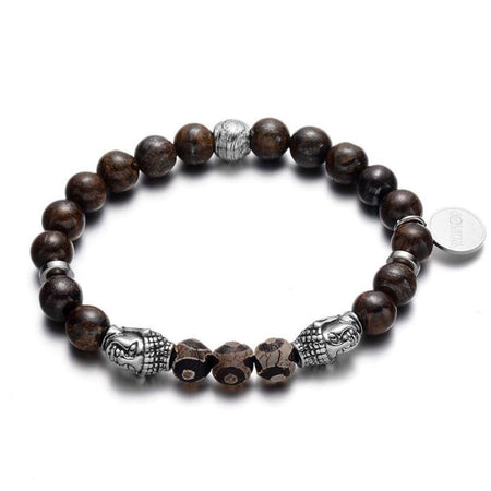 Bracelet homme perles Bouddha bois sombre métal argenté têtes ciselées