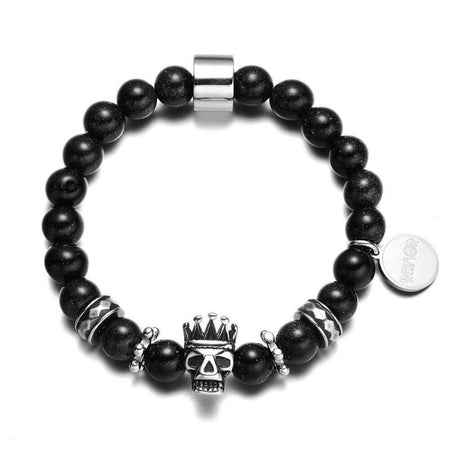 Bracelet homme perles couronne avec tête de mort couronnée perles sphériques noires