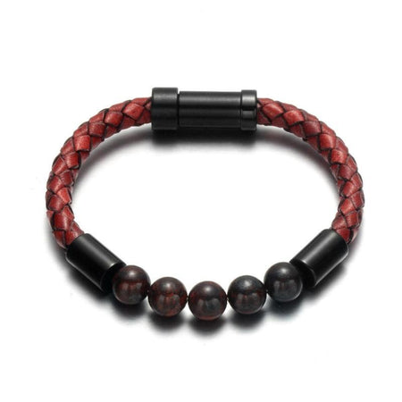 Bracelet homme cuir rouge tressé artisanal avec cinq perles marbrées et fermoir noir mat