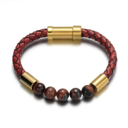 Bracelet homme cuir rouge tressé artisanal avec cinq perles marbrées et fermoir doré