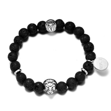 Bracelet homme perles lion tête sculptée métal argenté perles noires texture volcanique