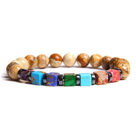 Bracelet homme perles naturelles rondes terreuses avec sept perles cubiques colorées chakras