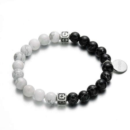 Bracelet homme perles noires et blanches cubes métalliques argentés médaillon circulaire