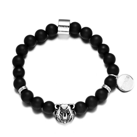 Bracelet homme perles noires avec tête d'ours sculptée métal argenté anneaux