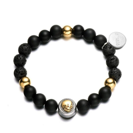 Bracelet homme perles noires mates avec tête de mort dorée touches métalliques