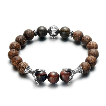 Bracelet homme perles œil de tigre avec griffes métalliques sculptées argentées patinées