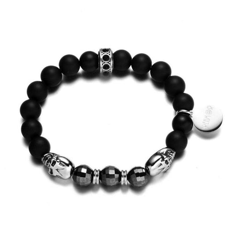 Bracelet homme perles onyx noires mat avec crânes métal argenté facettées brillantes